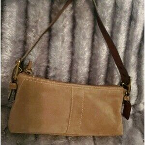 Vintage Coach 7470 Hamptons Demi Baguette Shoulder Bag Beige Suede Brown Leather